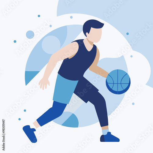 A man in a blue shirt and shorts is running with a basketball. The image has a playful and energetic mood, suggesting that the man is enjoying his time playing basketball