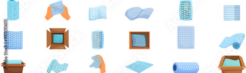 Bubble wrap package icons set. Set of bubble wraps in different positions, protecting goods inside cardboard boxes or simply displayed, ready to be used