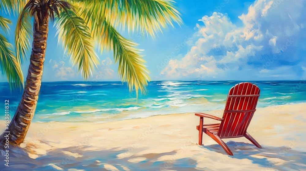 A red beach chair is sitting on the sand next to a palm tree A red beach chair is sitting on the sand next to a palm tree
