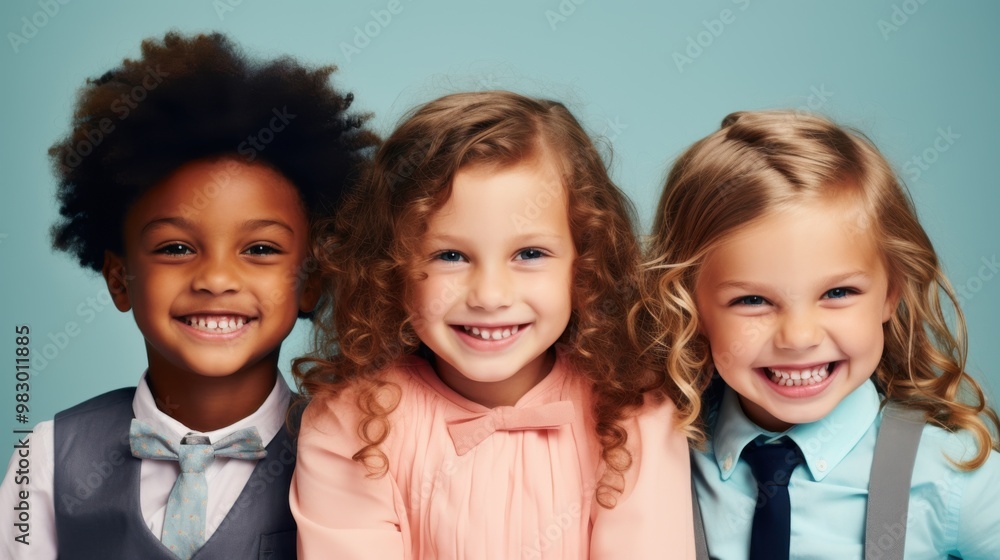 Three smiling children in pastel-colored dresses and bow ties, radiate happiness and innocence with their bright, cheerful expressions. Three smiling children in pastel-colored dresses and bow ties, radiate happiness and innocence with their bright, cheerful expressions.