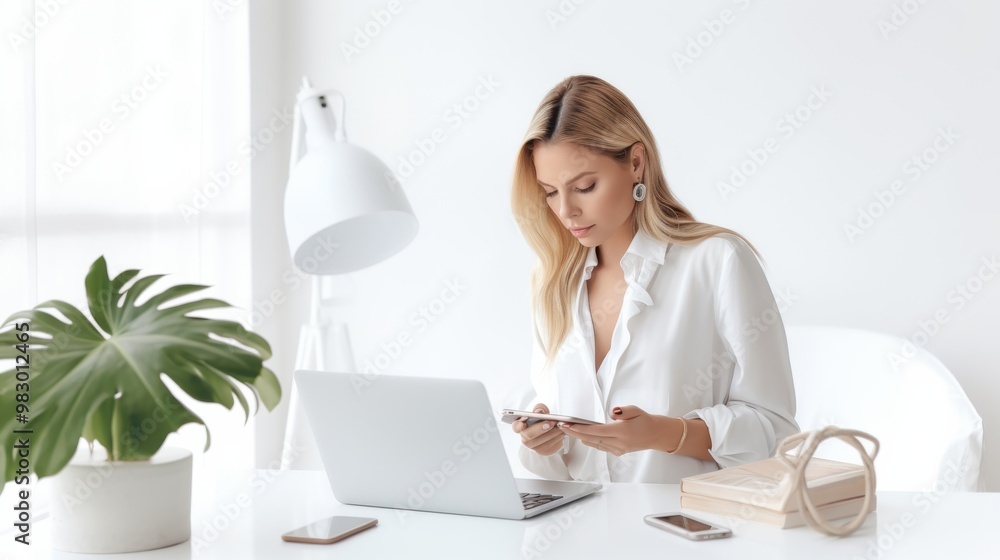 A woman in a minimalist, white workspace, intently reviewing notes on her smartphone and documents, exuding focus and professionalism. A woman in a minimalist, white workspace, intently reviewing notes on her smartphone and documents, exuding focus and professionalism.