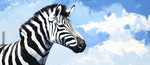 Portrait of a zebra against a backdrop of a blue sky