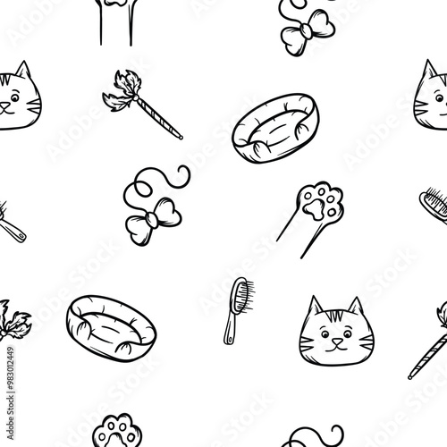 Simple black and white seamless pattern with pet toys and accessories. Vector background for the design of pet stores, pet products, veterinary clinics. Design for wrapping paper, print