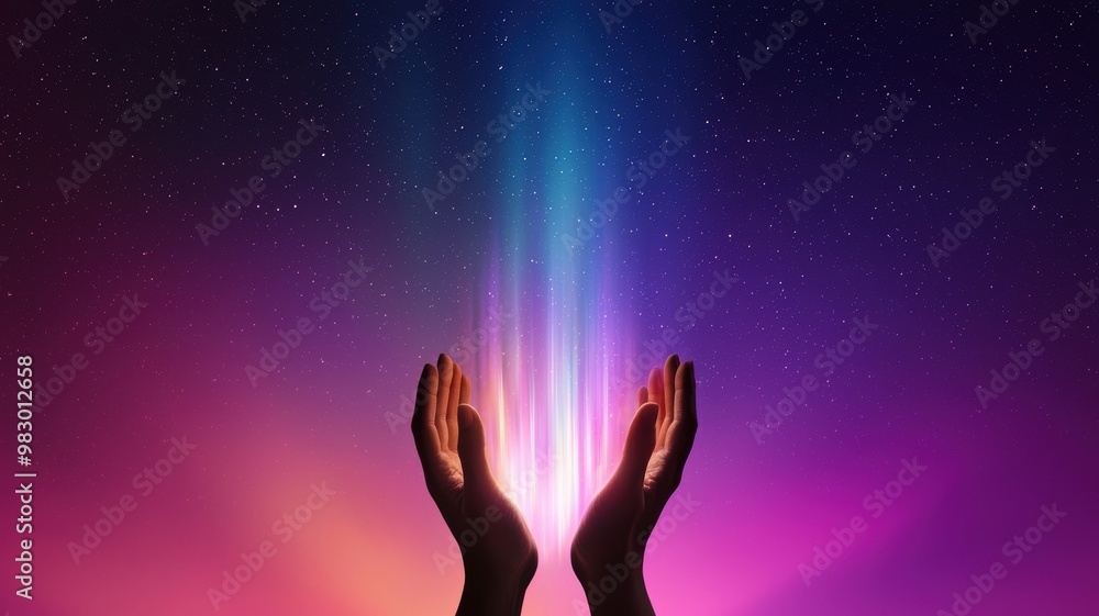 Naklejka premium A beautiful display of light emanates from open hands against a vibrant cosmic background, symbolizing hope and positive energy.