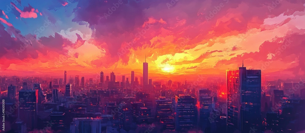 Aerial panoramic view of a cityscape at sunset showcasing vibrant colors and dramatic skies Aerial panoramic view of a cityscape at sunset showcasing vibrant colors and dramatic skies