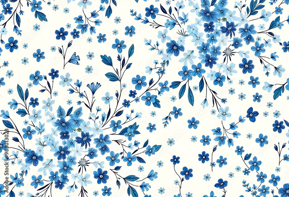A floral pattern with small blue and white flowers scattered across a light background A floral pattern with small blue and white flowers scattered across a light background