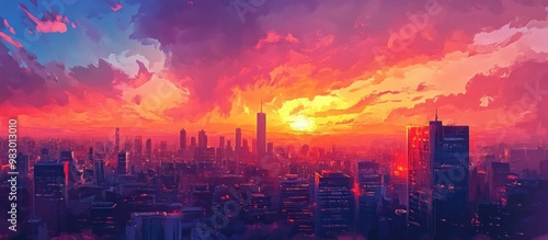 Aerial panoramic view of a cityscape at sunset showcasing vibrant colors and dramatic skies photo