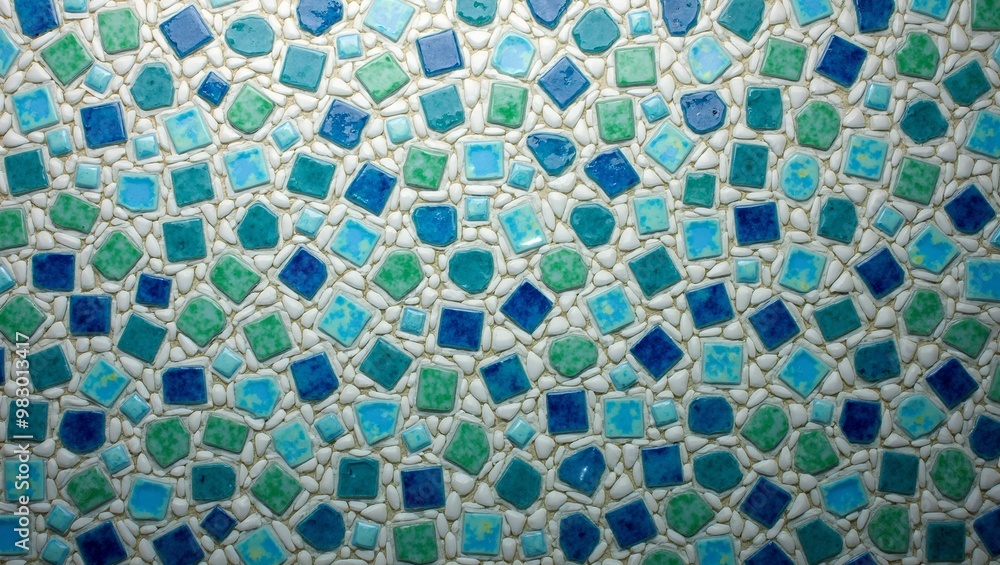 Colorful mosaic tile texture in vibrant blues greens and whites with a glossy finish Colorful mosaic tile texture in vibrant blues greens and whites with a glossy finish