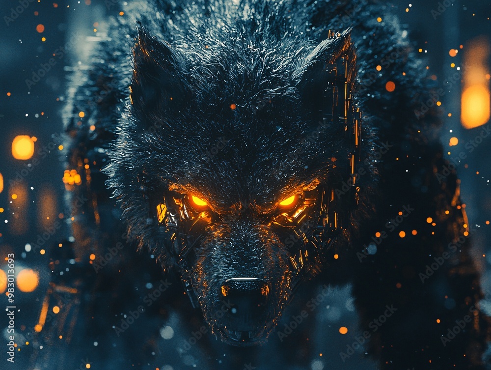A fierce wolf with glowing orange eyes stands amidst a snowy backdrop, exuding a mystical and powerful presence. A fierce wolf with glowing orange eyes stands amidst a snowy backdrop, exuding a mystical and powerful presence.
