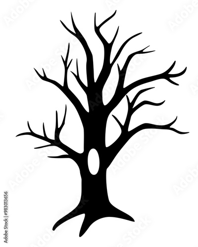 Tree without leaves with a hollow - vector silhouette for a logo, sign or stencil. Winter tree, plant without foliage For printing, for cutting	