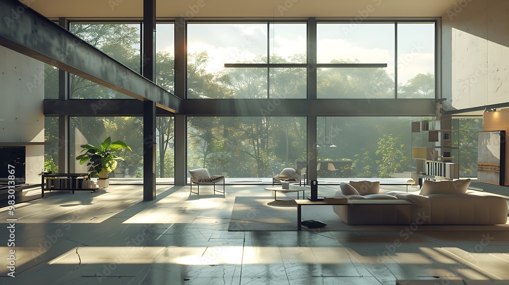 A spacious room with an expansive open layout, showcasing large windows, minimalistic furniture, and ample room for movement, captured in high detail A spacious room with an expansive open layout, showcasing large windows, minimalistic furniture, and ample room for movement, captured in high detail