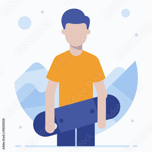 A young man in an orange shirt is holding a skateboard. The image has a playful and energetic mood, as the boy is ready to go skateboarding