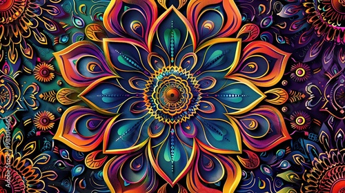 Detailed illustration of a mandala pattern with intricate details and vibrant colors