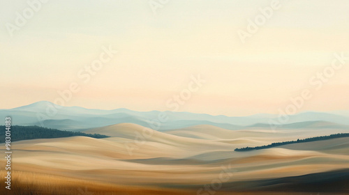 A breathtaking landscape featuring rolling hills at dusk, painted in soft shades of beige and tan, with a gentle gradient of pastel colors in the sky, evoking a sense of calm and peace