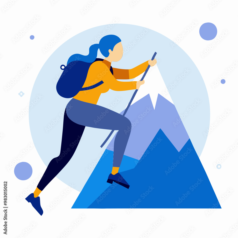 A woman is climbing a mountain with a backpack and a hiking stick. Concept of adventure and determination as the woman faces the challenge of reaching the top of the mountain A woman is climbing a mountain with a backpack and a hiking stick. Concept of adventure and determination as the woman faces the challenge of reaching the top of the mountain