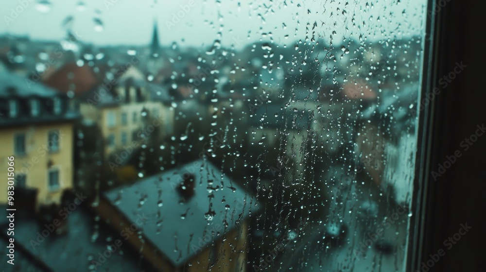 Close-up view of raindrops falling on a window. You can see a rainy street and town from inside a home. Close-up view of raindrops falling on a window. You can see a rainy street and town from inside a home.