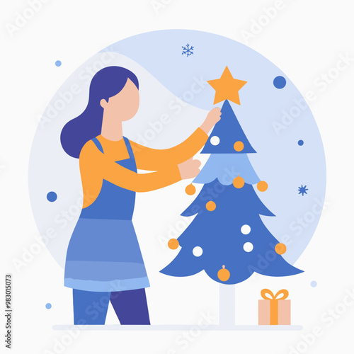 A woman is decorating a Christmas tree with a star on top. The tree is surrounded by snow and the woman is wearing a blue apron