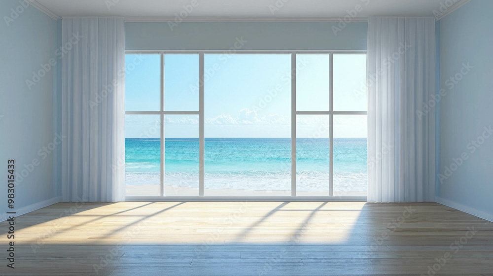 Obraz premium An empty living room with a bright and large window with a light blue ocean view