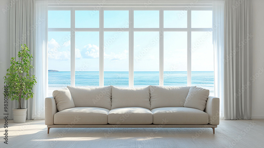 Fototapeta premium An empty living room with a comfortable and modern sofa in a light beige color in front of a bright window with a light blue ocean view