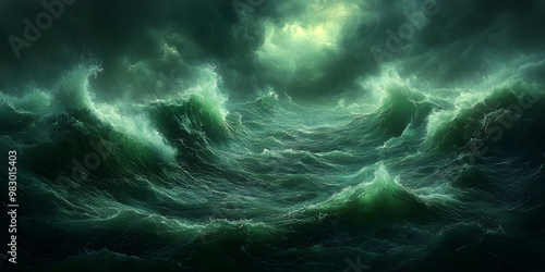 A Dark Green Ocean with Stormy Waves and Ominous Clouds Overhead, Depicting a Dramatic and Turbulent Seascape with a Foreboding Atmosphere