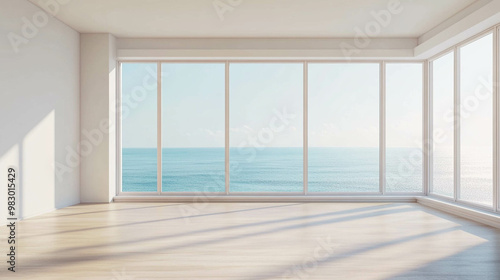 An empty living room with a bright and large window with a light blue ocean view