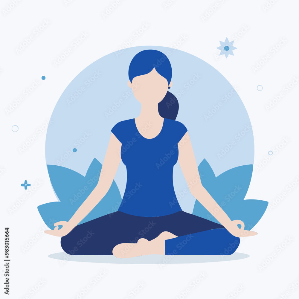 A woman is sitting cross legged in a blue shirt and blue pants. She is meditating and she is in a peaceful state A woman is sitting cross legged in a blue shirt and blue pants. She is meditating and she is in a peaceful state