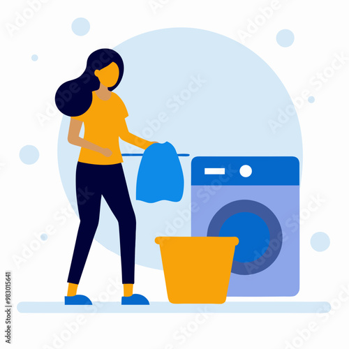 A woman is standing in front of a washing machine and dryer. She is holding a towel and is about to put it in the dryer