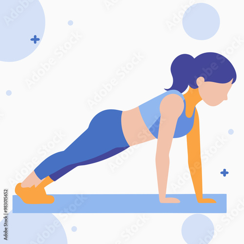 A woman is doing a push up on a mat. The mat is blue and the woman is wearing blue pants