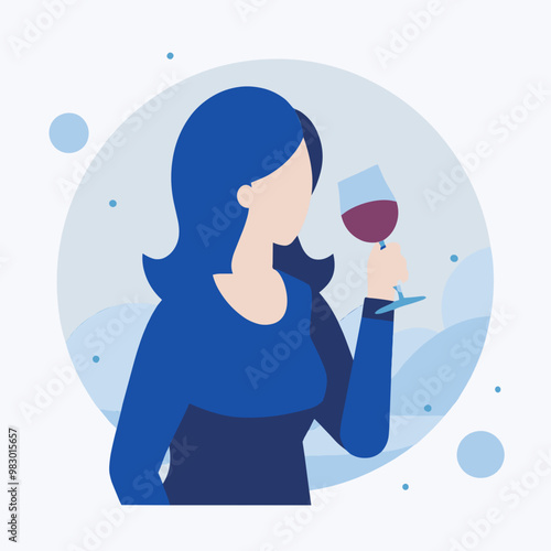 A woman is holding a wine glass and drinking from it. Concept of relaxation and enjoyment, as the woman is taking a break from her day to savor a glass of wine