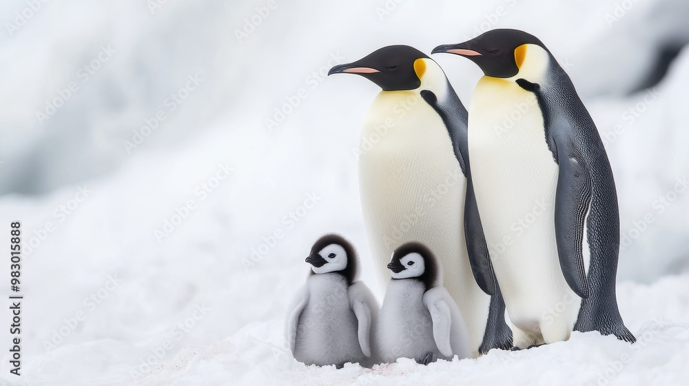 Fototapeta premium Emperor penguin parents watch over their adorable, downy chicks.