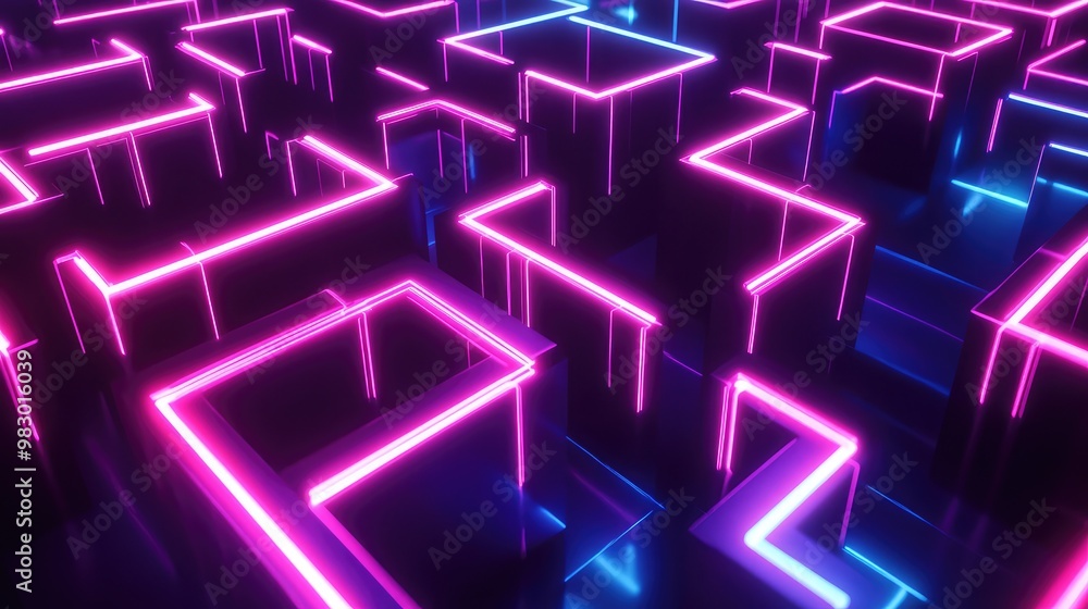 A rotating 3D cube maze, with glowing neon lines tracing its edges. A rotating 3D cube maze, with glowing neon lines tracing its edges.