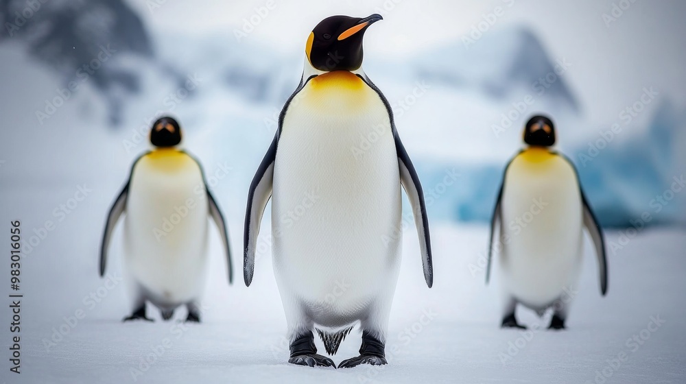 Fototapeta premium Emperor penguins stand and walk on the snow in Antarctica.
