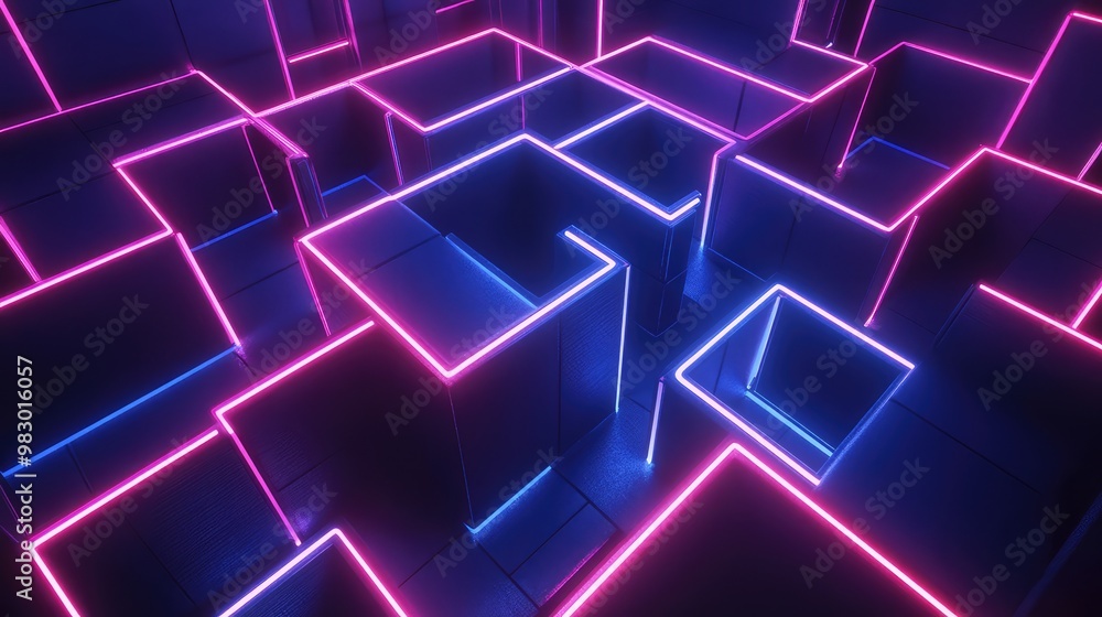 Obraz premium A rotating 3D cube maze, with glowing neon lines tracing its edges.