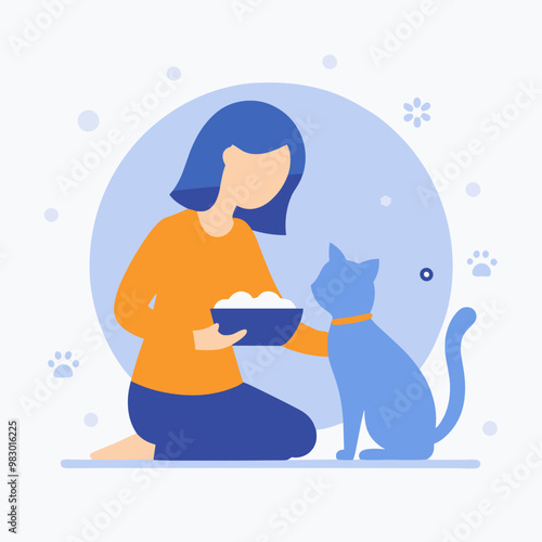 A woman is feeding a cat from a bowl. The cat is sitting on the floor next to the woman