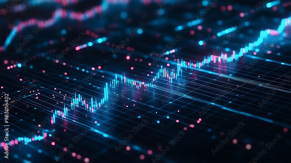 Obraz premium Futuristic Neon Data Visualization: Dynamic Financial Analytics and Technological Insights with Glowing Abstract Grid Patterns