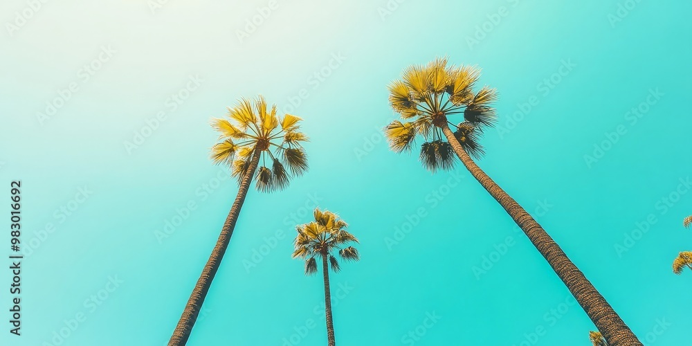 Obraz premium Three palm trees are standing tall in the sky