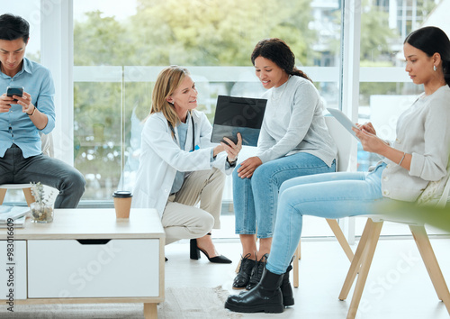 Tablou pe pânză Women, doctor and happy for patient with form for clinical study, research and participation rules