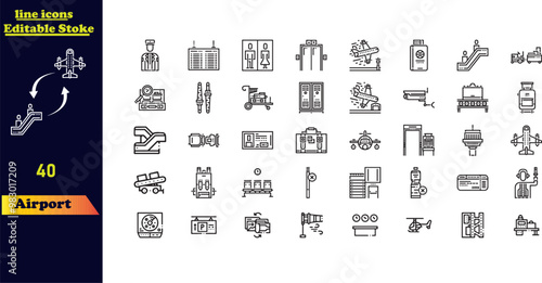 Airport stroke icon set, featuring icons for airport, customs, immigration, boarding pass, landing, check-in, stairs, senior travelers, and trolley.