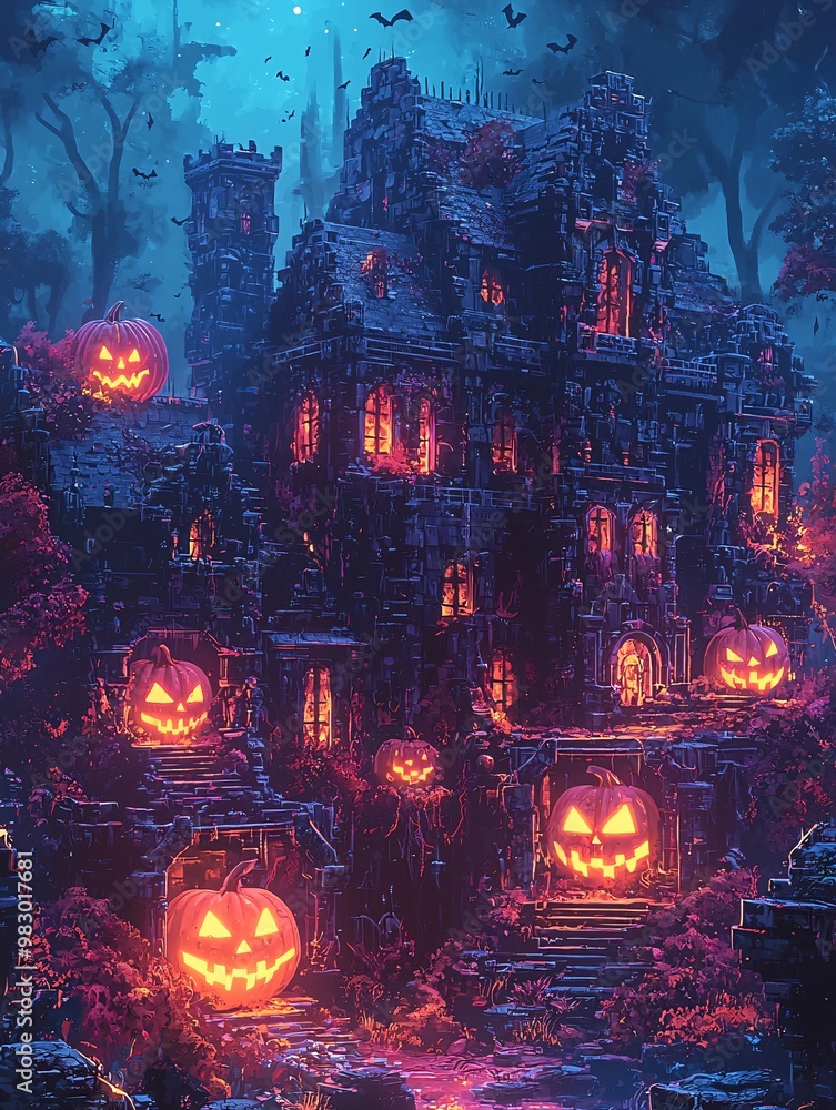 A spooky haunted house enveloped in darkness, illuminated by glowing jack-o'-lanterns under a moonlit sky, setting a perfect Halloween scene. A spooky haunted house enveloped in darkness, illuminated by glowing jack-o'-lanterns under a moonlit sky, setting a perfect Halloween scene.