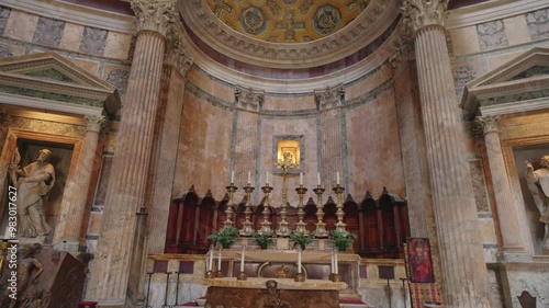 Travelers and sightseeing tourists visit Pantheon, walking, taking picture inside during tour. Concept of holidays.
 photo