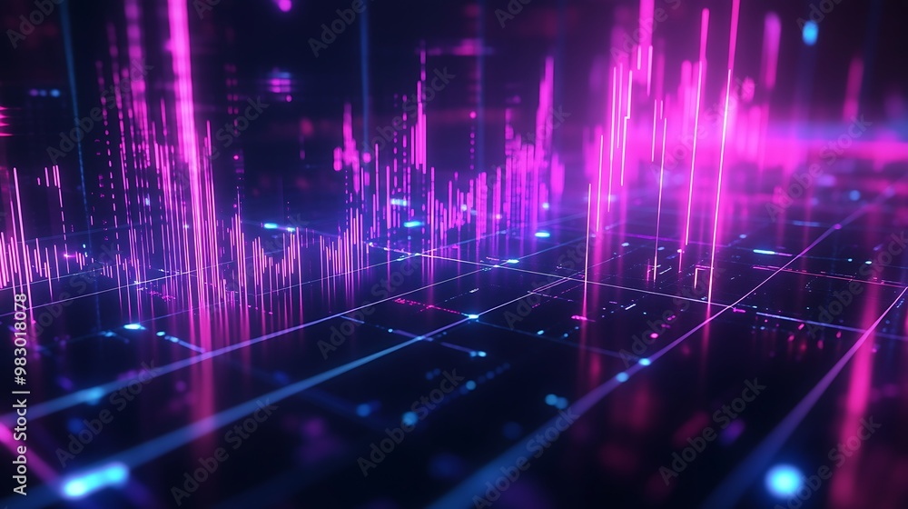 Futuristic Neon Data Visualization: Dynamic Financial Analytics and Technological Insights with Glowing Abstract Grid Patterns Futuristic Neon Data Visualization: Dynamic Financial Analytics and Technological Insights with Glowing Abstract Grid Patterns
