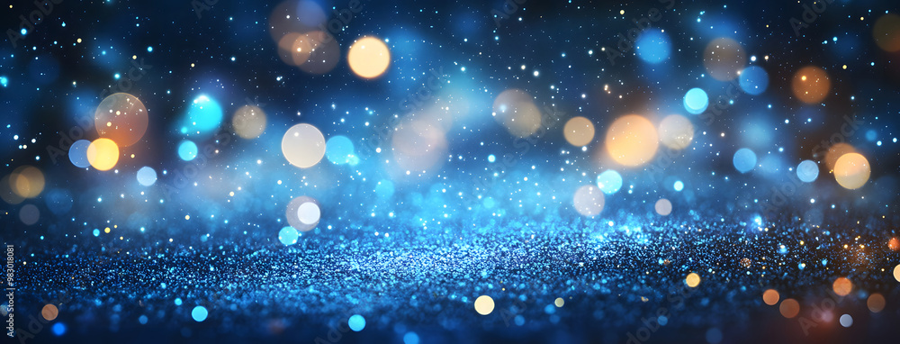 Abstract Bokeh Lights on Blue Background - Dreamy Golden Glow Abstract Bokeh Lights on Blue Background - Dreamy Golden Glow
