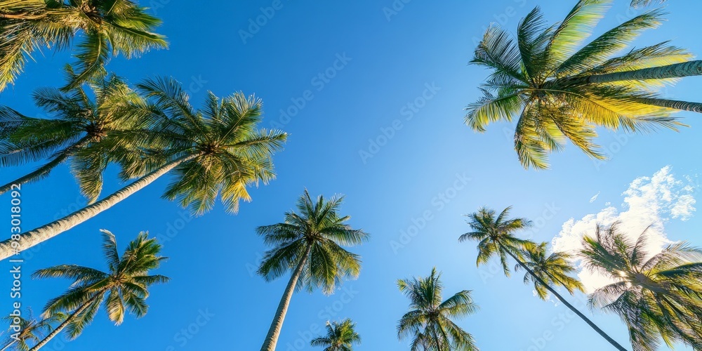 A beautiful blue sky with palm trees in the background A beautiful blue sky with palm trees in the background