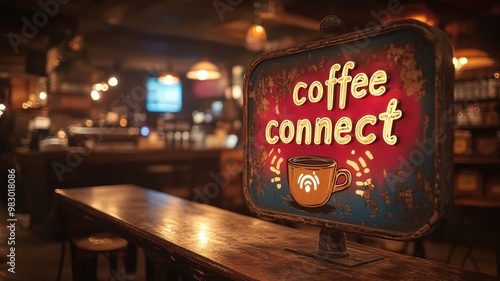 Retro cafe sign in a rustic coffee shop setting photo