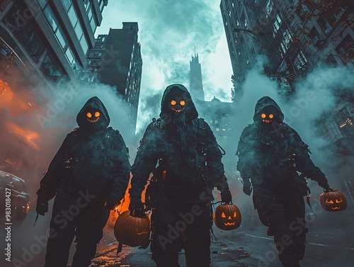 Three hooded figures with glowing pumpkin heads walk through a foggy, industrial landscape, creating a spooky Halloween atmosphere.