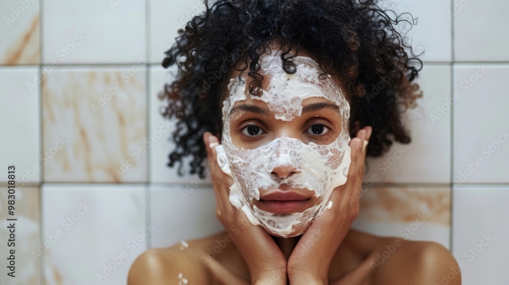 Self-Care Routine with Facial Mask in Bathroom - Skincare, Beauty, Wellness Concept. Generative ai Self-Care Routine with Facial Mask in Bathroom - Skincare, Beauty, Wellness Concept. Generative ai