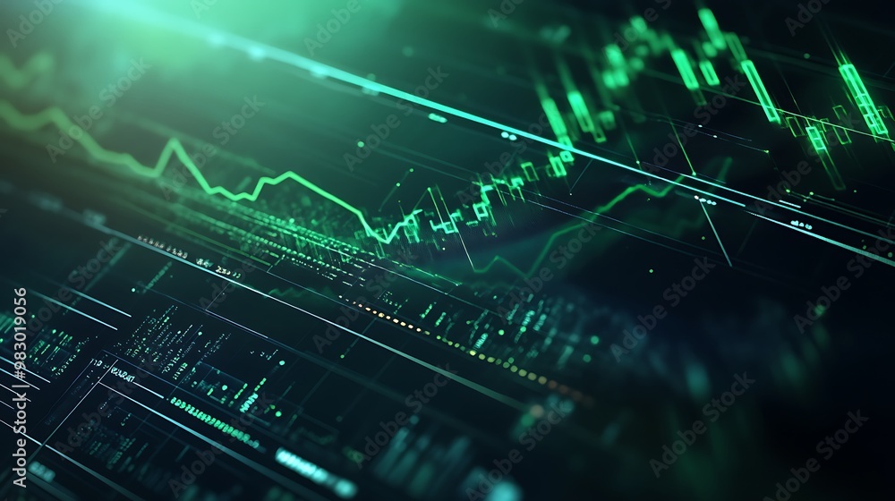 Naklejka premium Futuristic Neon Data Visualization: Dynamic Financial Analytics and Technological Insights with Glowing Abstract Grid Patterns