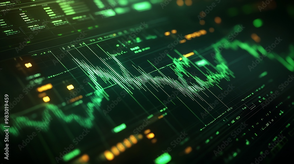 Futuristic Neon Data Visualization: Dynamic Financial Analytics and Technological Insights with Glowing Abstract Grid Patterns