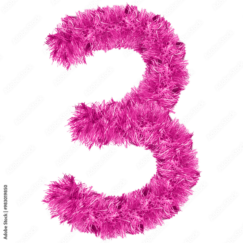 number 3 made from New Year's tinsel, isolated Christmas tinsel, tinsel garland number 3 made from New Year's tinsel, isolated Christmas tinsel, tinsel garland
