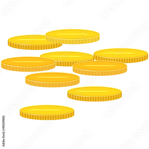 A stack of gold coins, packing in bundles of bank notes, flying dollars on a white background. photo